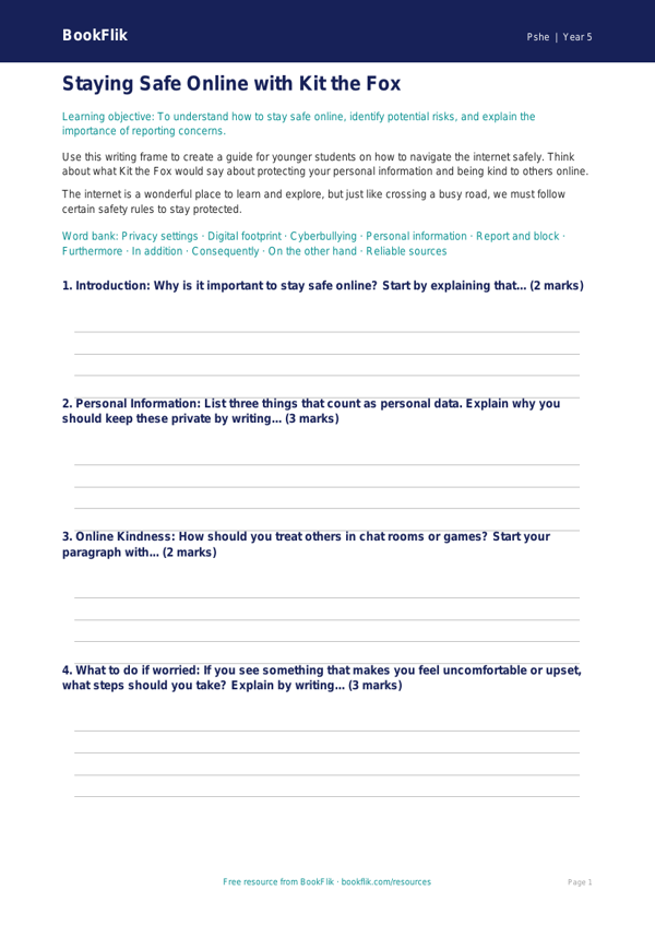 Free Online Safety Writing Frame | Grade 4 | Health & Wellness | BookFlik worksheet preview — Pshe Online Safety
