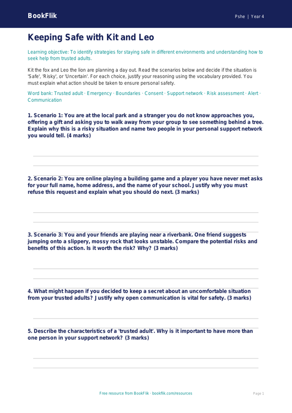 Free Personal Safety Activity Sheet | Grade 3 | Health & Wellness | BookFlik worksheet preview — Pshe Personal Safety