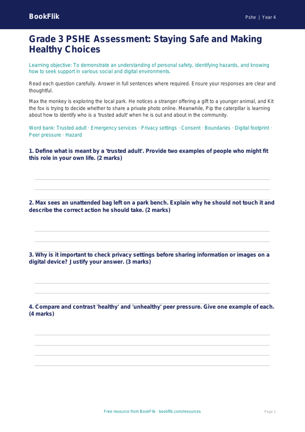 Free Personal Safety Assessment | Grade 3 | Health & Wellness | BookFlik worksheet preview — Pshe Personal Safety