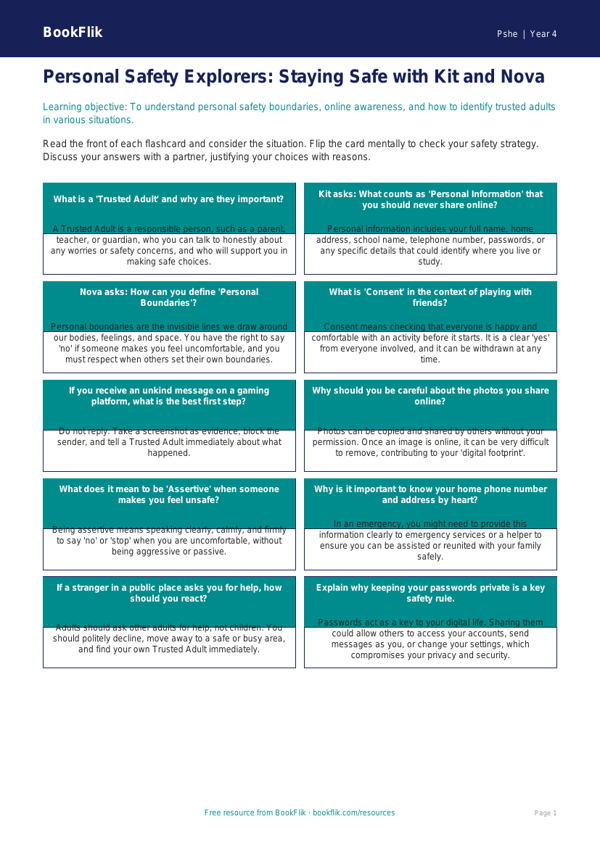 Free Personal Safety Flashcards | Grade 3 | Health & Wellness | BookFlik worksheet preview — Pshe Personal Safety