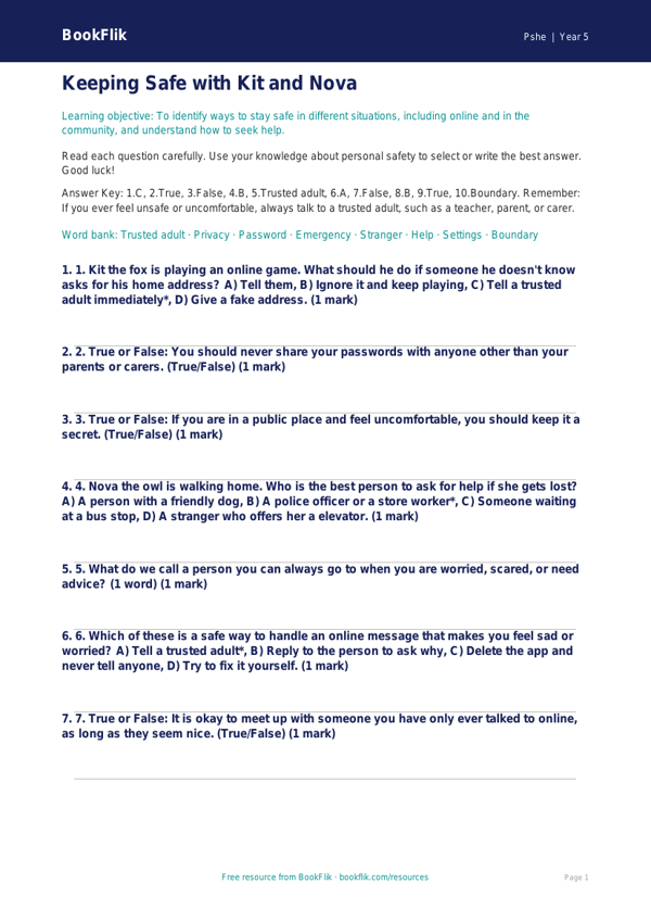 Free Personal Safety Quiz | Grade 4 | Health & Wellness | BookFlik worksheet preview — Pshe Personal Safety