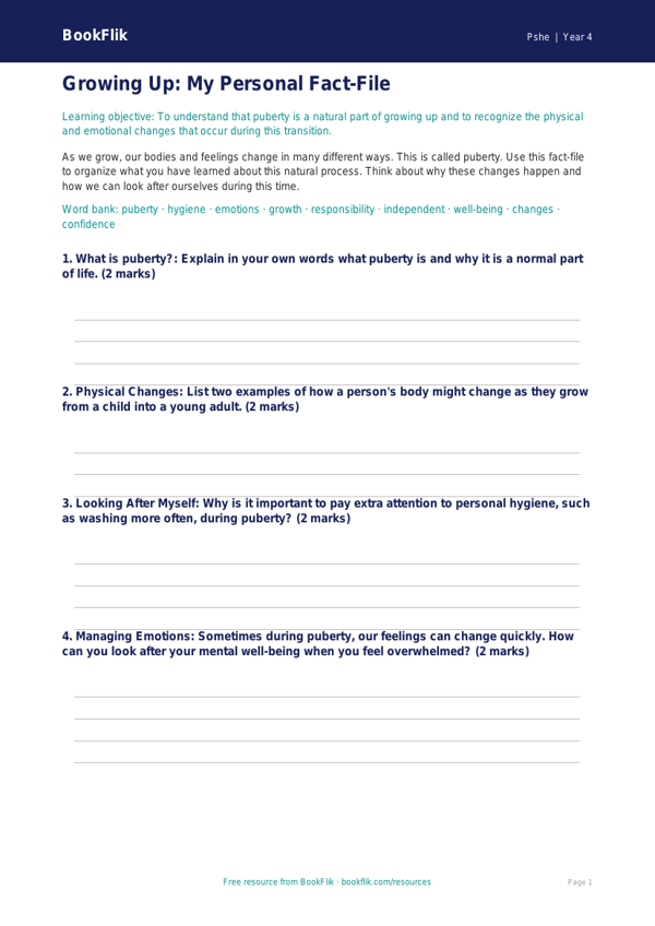 Understanding Puberty: A Guide for Grade 3 Students | BookFlik worksheet preview — Pshe Puberty