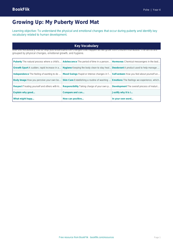 Understanding Growth: Puberty Word Mat for Grade 3 | BookFlik worksheet preview — Pshe Puberty