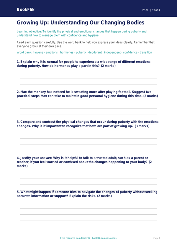 Understanding Body Changes: Grade 3 Health Worksheet | BookFlik worksheet preview — Pshe Puberty