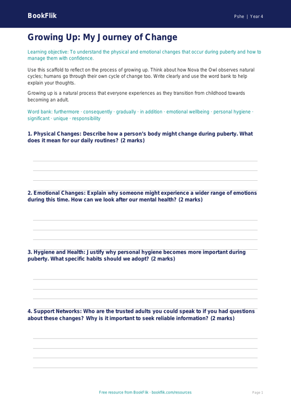 Free Puberty Writing Frame | Grade 3 | Health & Wellness | BookFlik worksheet preview — Pshe Puberty