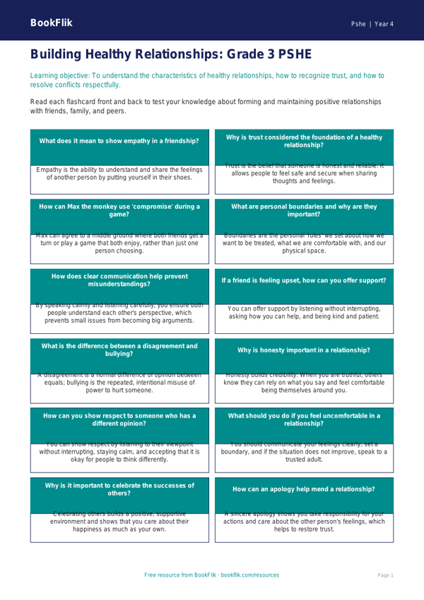 Free Relationships Flashcards | Grade 3 | Health & Wellness | BookFlik worksheet preview — Pshe Relationships
