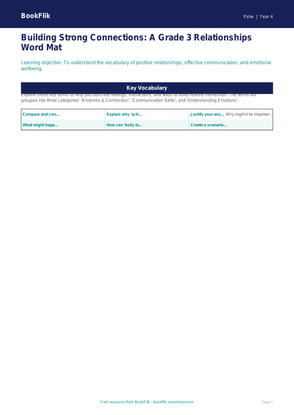 Free Relationships Word Mat | Grade 3 | Health & Wellness | BookFlik worksheet preview — Pshe Relationships