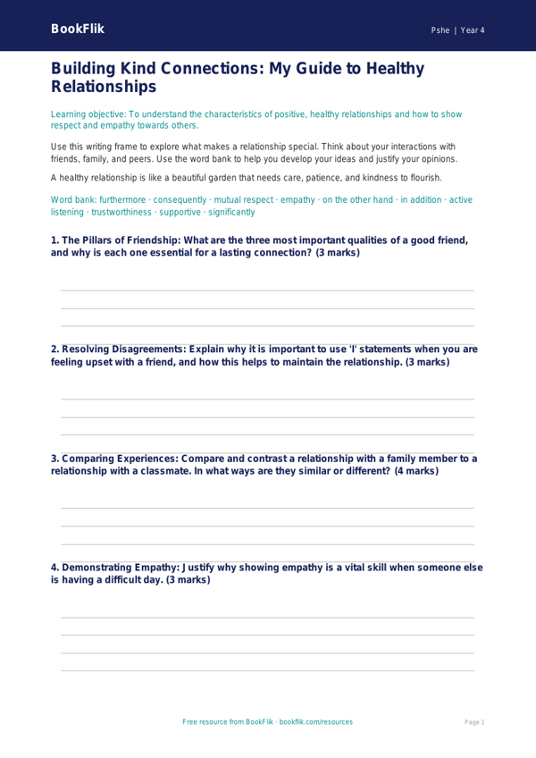 Free Relationships Writing Frame | Grade 3 | Health & Wellness | BookFlik worksheet preview — Pshe Relationships