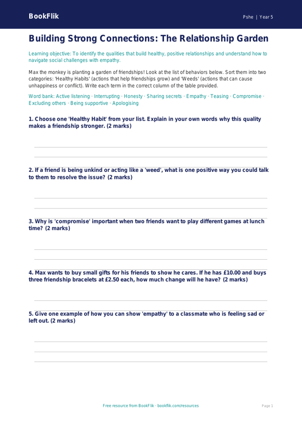 Free Relationships Activity Sheet | Grade 4 | Health & Wellness | BookFlik worksheet preview — Pshe Relationships