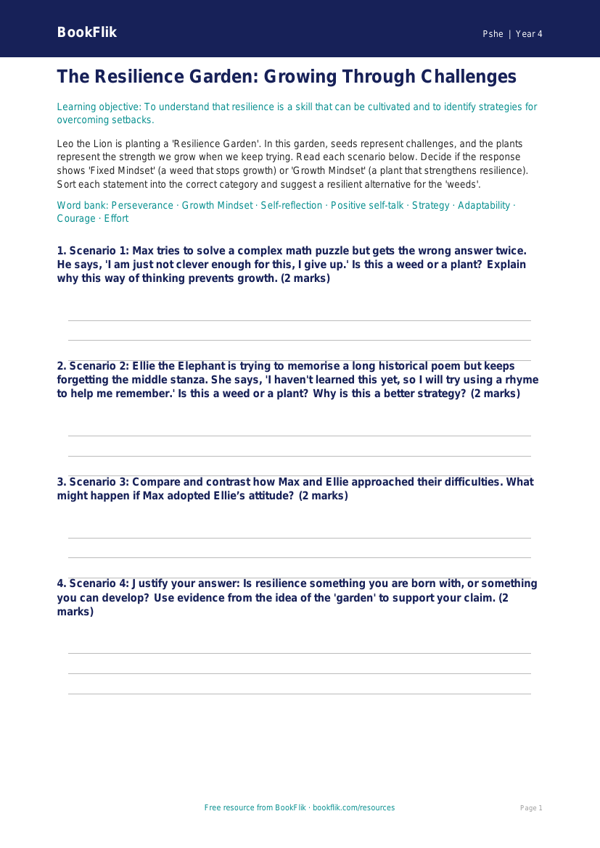 Free Resilience Activity Sheet | Grade 3 | Health & Wellness | BookFlik worksheet preview — Pshe Resilience