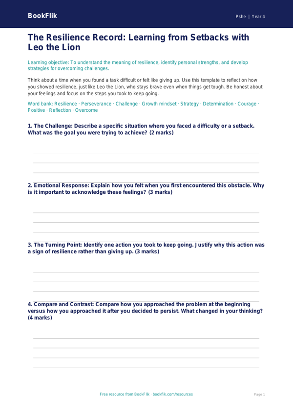 Free Resilience Template | Grade 3 | Health & Wellness | BookFlik worksheet preview — Pshe Resilience
