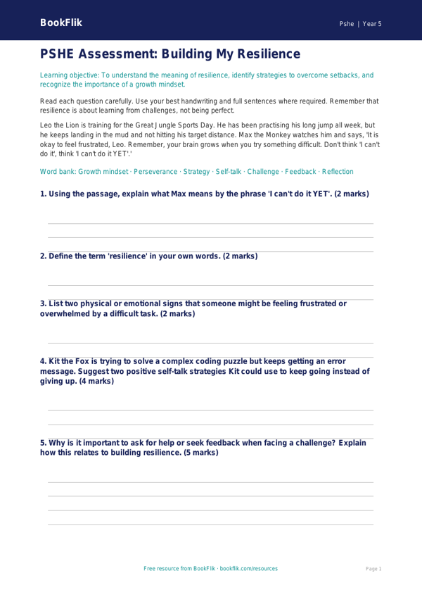 Free Resilience Assessment | Grade 4 | Health & Wellness | BookFlik worksheet preview — Pshe Resilience