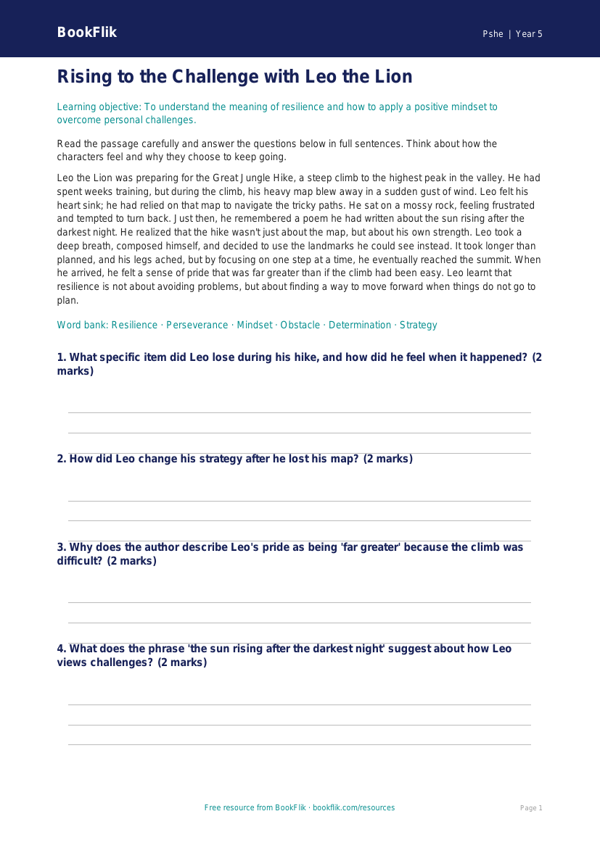 Free Resilience Comprehension | Grade 4 | Health & Wellness | BookFlik worksheet preview — Pshe Resilience