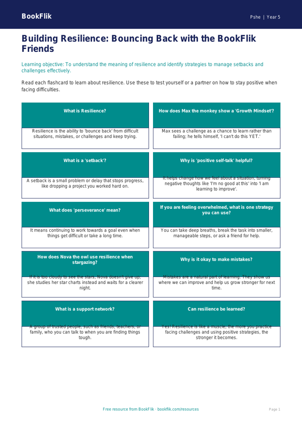 Free Resilience Flashcards | Grade 4 | Health & Wellness | BookFlik worksheet preview — Pshe Resilience