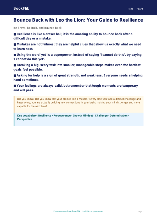 Free Resilience Poster | Grade 4 | Health & Wellness | BookFlik worksheet preview — Pshe Resilience