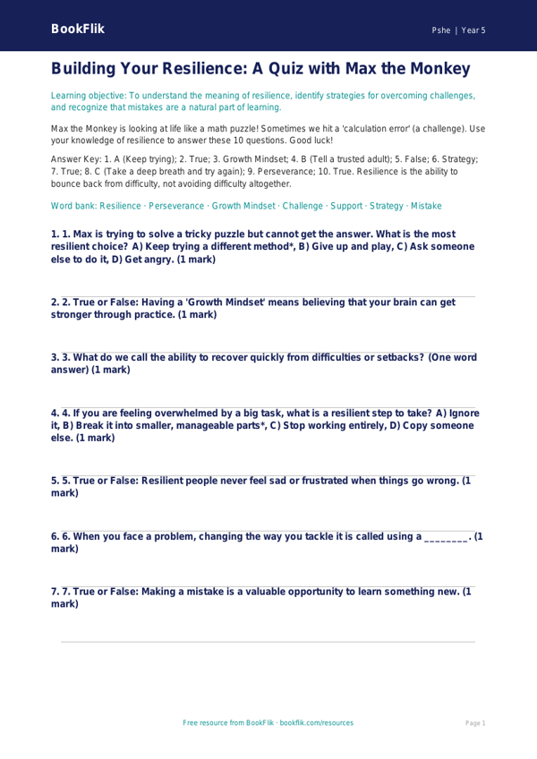 Free Resilience Quiz | Grade 4 | Health & Wellness | BookFlik worksheet preview — Pshe Resilience