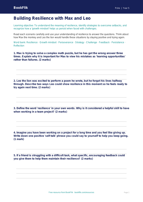 Free Resilience Worksheet | Grade 4 | Health & Wellness | BookFlik worksheet preview — Pshe Resilience