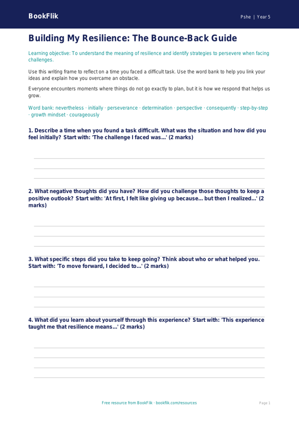 Free Resilience Writing Frame | Grade 4 | Health & Wellness | BookFlik worksheet preview — Pshe Resilience