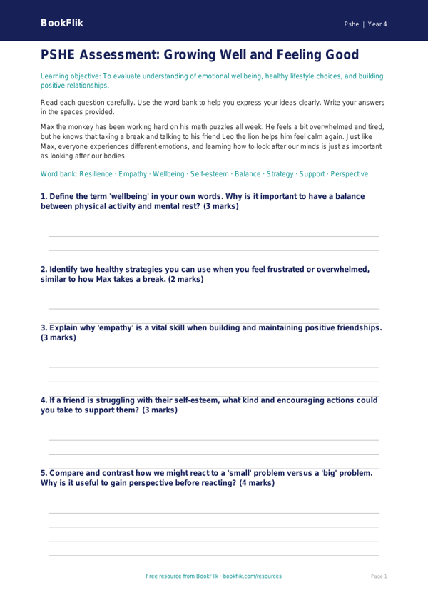 Free Wellbeing Assessment | Grade 3 | Health & Wellness | BookFlik worksheet preview — Pshe Wellbeing