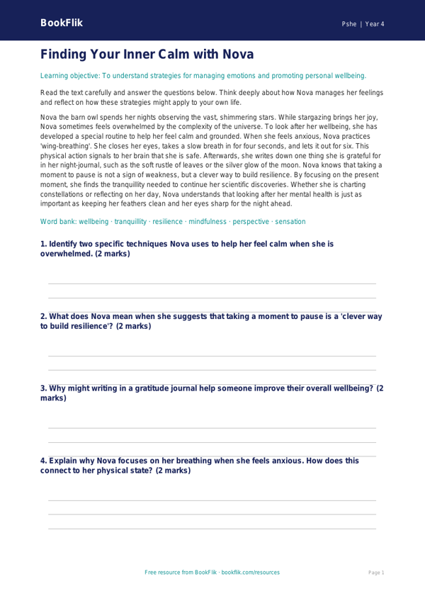 Free Wellbeing Comprehension | Grade 3 | Health & Wellness | BookFlik worksheet preview — Pshe Wellbeing