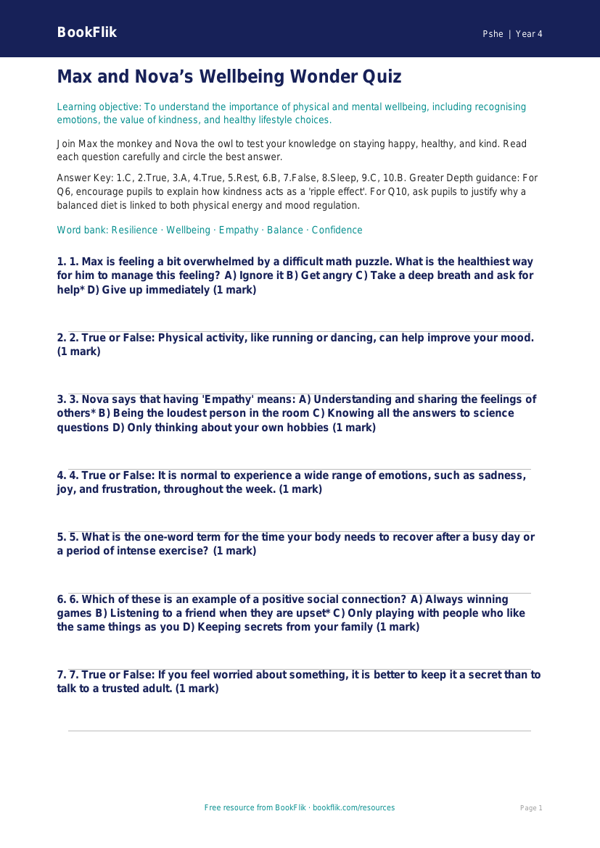 Free Wellbeing Quiz | Grade 3 | Health & Wellness | BookFlik worksheet preview — Pshe Wellbeing