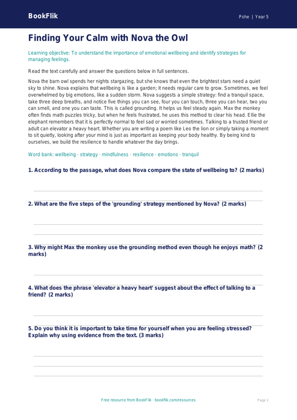 Free Wellbeing Comprehension | Grade 4 | Health & Wellness | BookFlik worksheet preview — Pshe Wellbeing