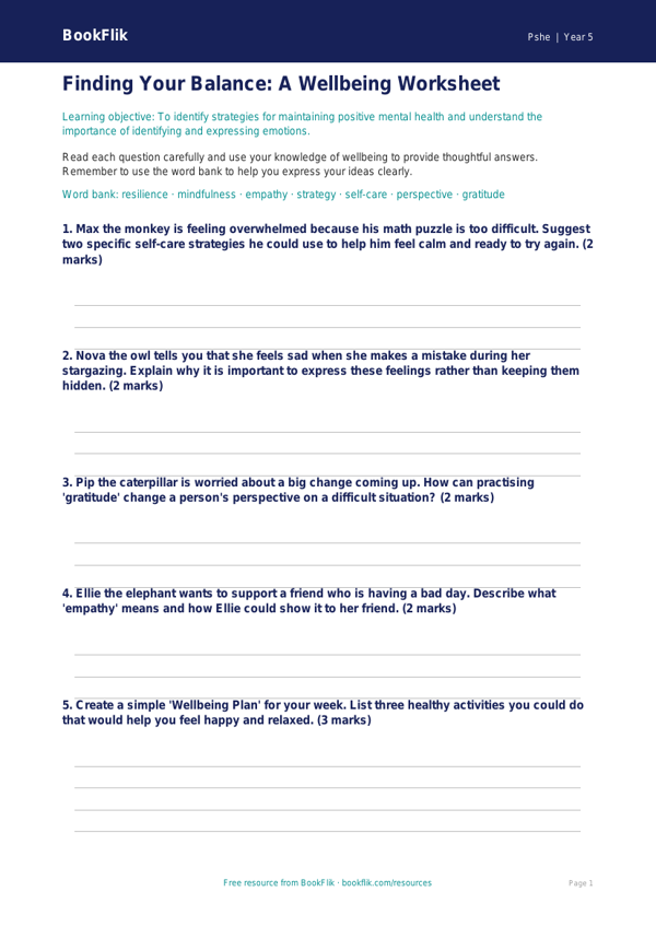 Free Wellbeing Worksheet | Grade 4 | Health & Wellness | BookFlik worksheet preview — Pshe Wellbeing