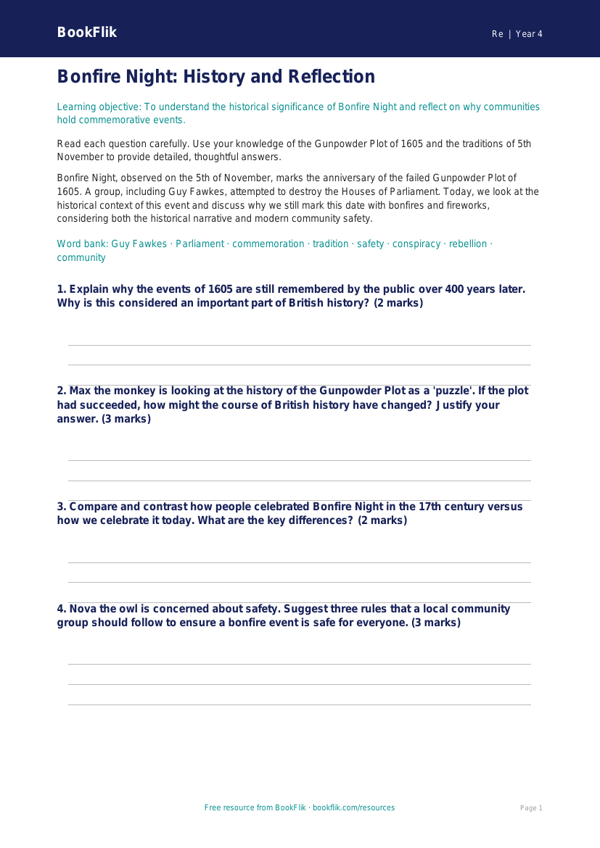 Bonfire Night History Worksheet for Grade 3 | Social Studies | BookFlik worksheet preview — Re Bonfire Night