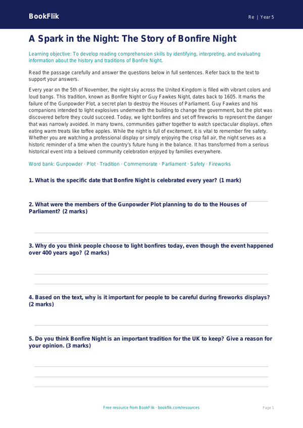Free Bonfire Night Comprehension | Grade 4 | Social Studies | BookFlik worksheet preview — Re Bonfire Night