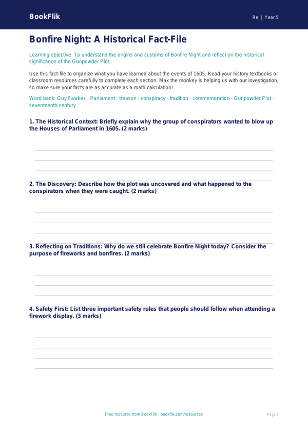Bonfire Night History Lesson Plan | Grade 4 Social Studies | BookFlik worksheet preview — Re Bonfire Night