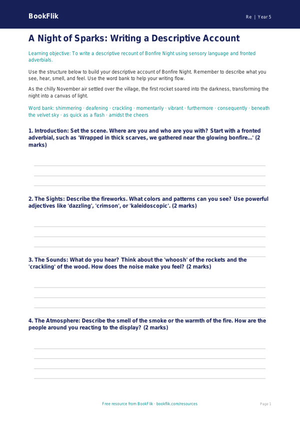 Bonfire Night Writing Frame | Grade 4 Social Studies | BookFlik worksheet preview — Re Bonfire Night