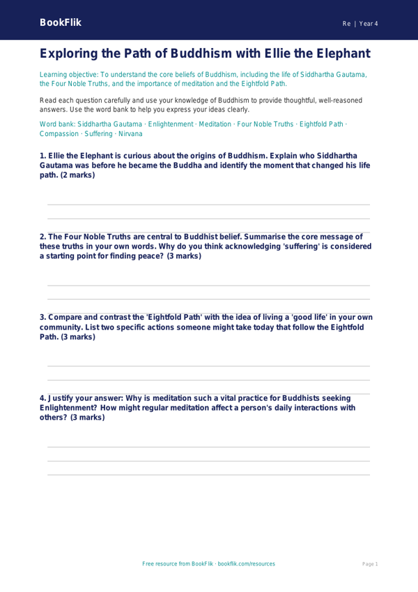 Free Buddhism Worksheet | Grade 3 | Social Studies | BookFlik worksheet preview — Re Buddhism