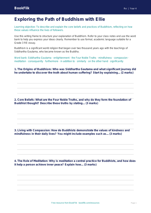 Free Buddhism Writing Frame | Grade 3 | Social Studies | BookFlik worksheet preview — Re Buddhism