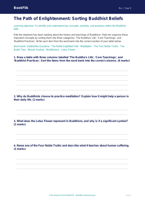 Free Buddhism Activity Sheet | Grade 4 | Social Studies | BookFlik worksheet preview — Re Buddhism