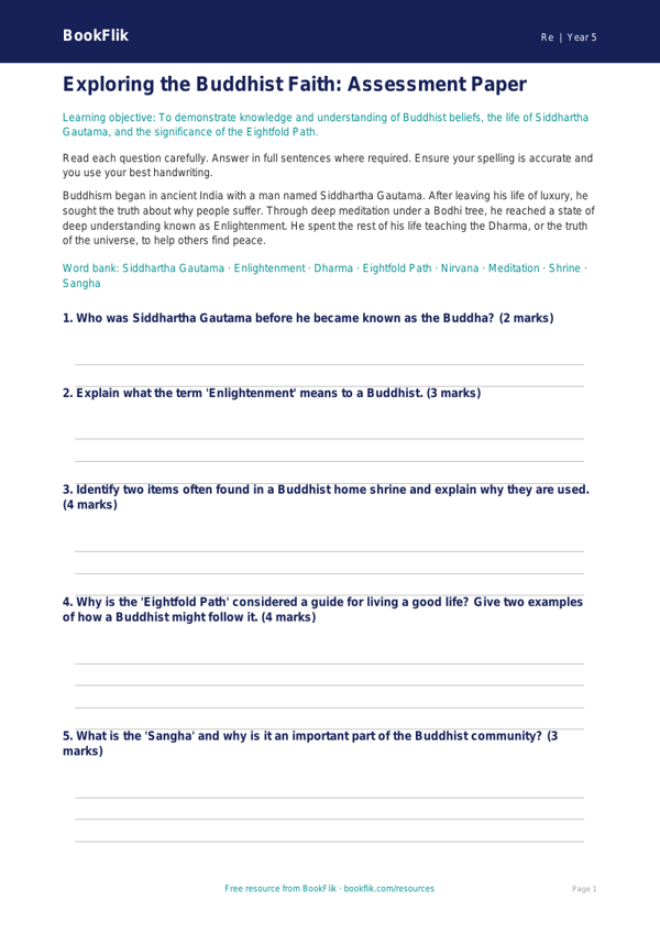Free Buddhism Assessment | Grade 4 | Social Studies | BookFlik worksheet preview — Re Buddhism