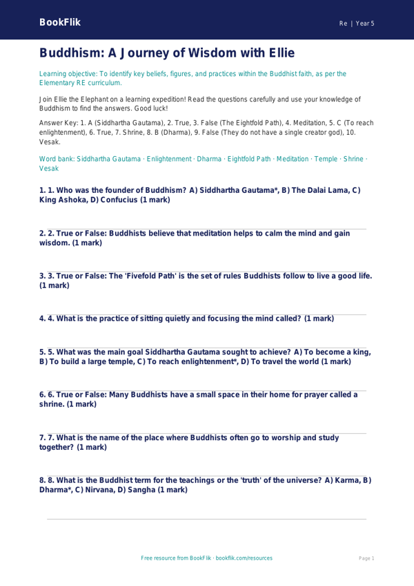 Free Buddhism Quiz | Grade 4 | Social Studies | BookFlik worksheet preview — Re Buddhism