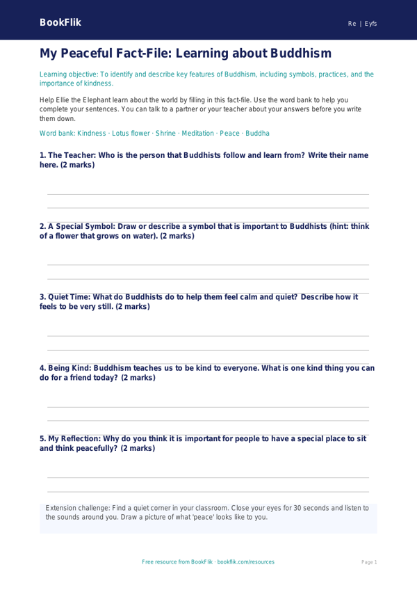 Free Buddhism Template for Pre-K | Social Studies | BookFlik worksheet preview — Re Buddhism