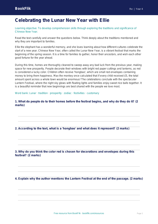 Free Chinese New Year Comprehension | Grade 3 | Social Studies | BookFlik worksheet preview — Re Chinese New Year