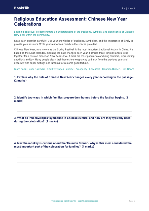 Free Chinese New Year Assessment | Grade 4 | Social Studies | BookFlik worksheet preview — Re Chinese New Year