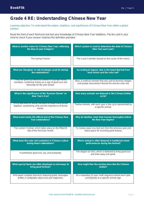 Free Chinese New Year Flashcards | Grade 4 | Social Studies | BookFlik worksheet preview — Re Chinese New Year