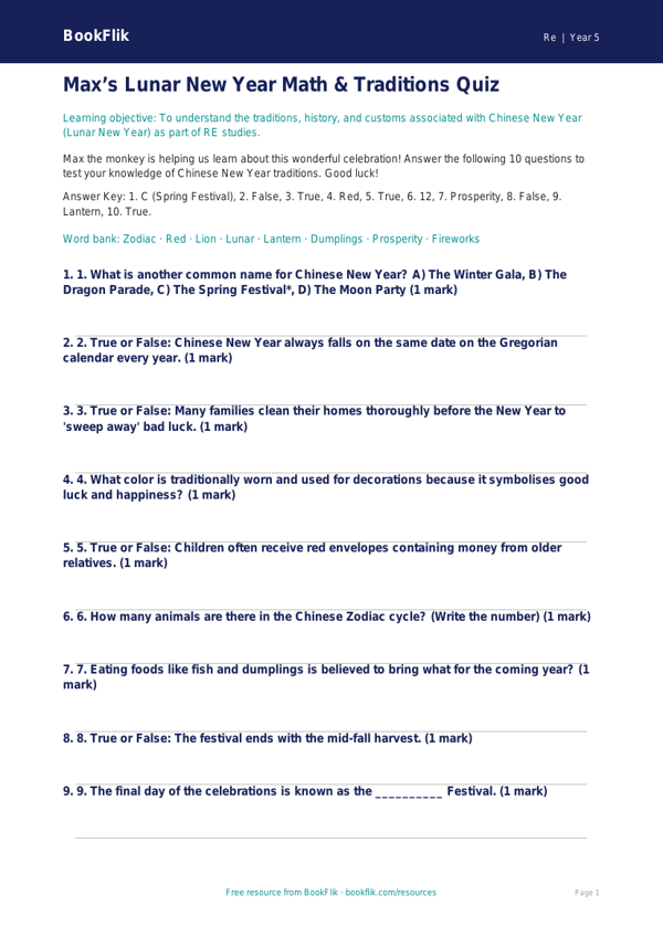 Free Chinese New Year Quiz | Grade 4 | Social Studies | BookFlik worksheet preview — Re Chinese New Year