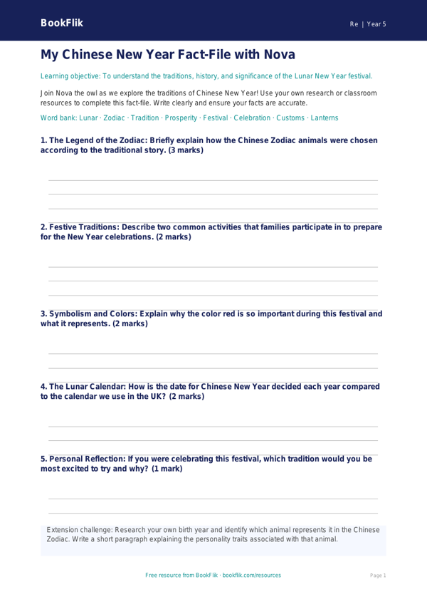 Free Chinese New Year Template | Grade 4 | Social Studies | BookFlik worksheet preview — Re Chinese New Year