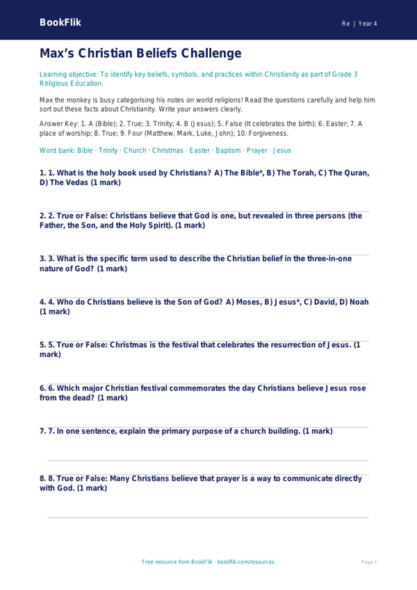 Christianity Quiz for Grade 3 | Social Studies | BookFlik worksheet preview — Re Christianity