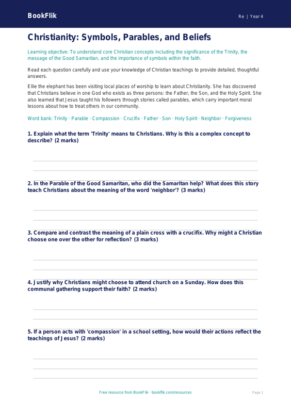 Christianity Worksheet for Grade 3 | Social Studies | BookFlik worksheet preview — Re Christianity