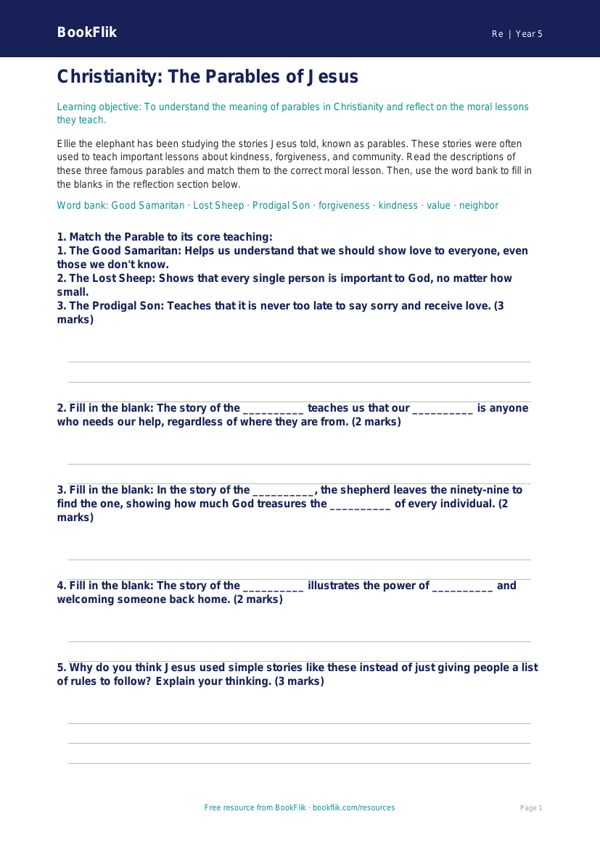 Free Christianity Activity Sheet | Grade 4 | Social Studies | BookFlik worksheet preview — Re Christianity