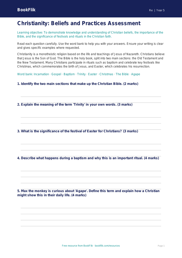 Christianity Assessment Grade 4 | Social Studies Worksheet worksheet preview — Re Christianity