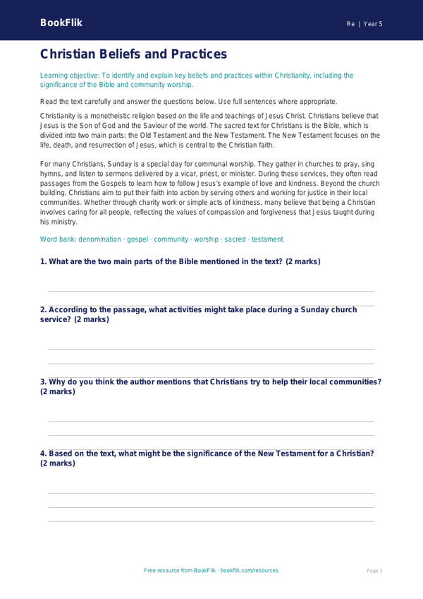Christianity Comprehension | Grade 4 Social Studies | BookFlik worksheet preview — Re Christianity