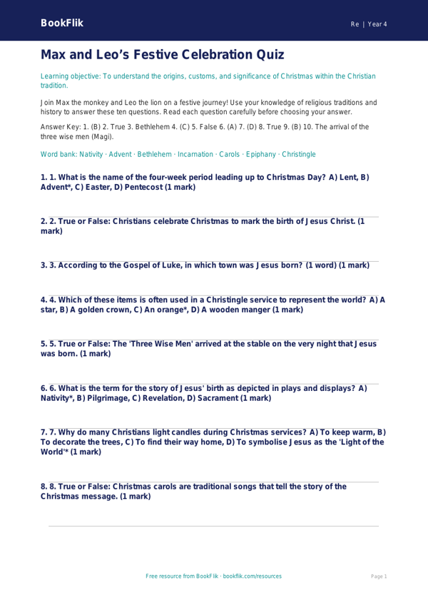 Free Christmas Quiz | Grade 3 | Social Studies | BookFlik worksheet preview — Re Christmas