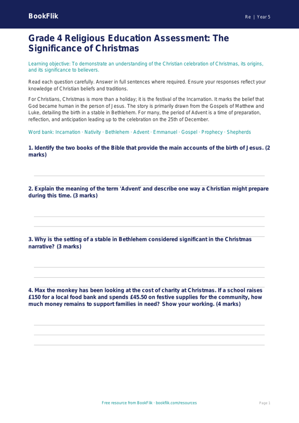 Free Christmas Assessment | Grade 4 | Social Studies | BookFlik worksheet preview — Re Christmas