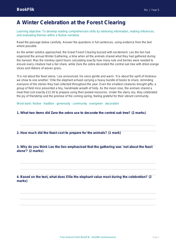 Free Christmas Comprehension | Grade 4 | Social Studies | BookFlik worksheet preview — Re Christmas